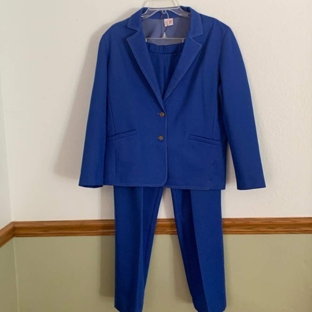 Vintage Graff California Blue Polyester Pleated Pull-on PantSuit Large